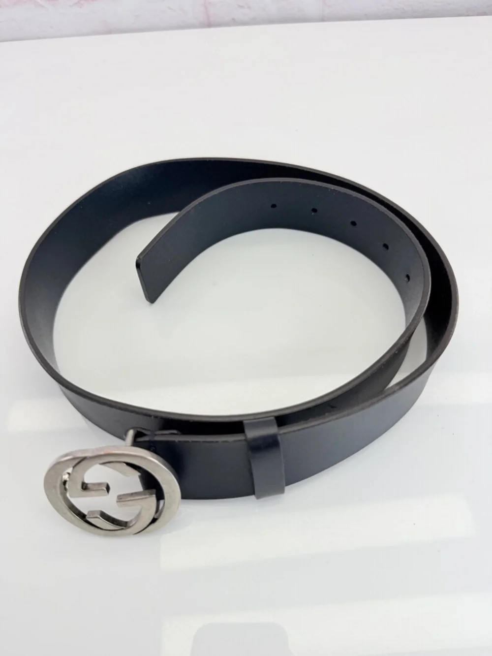 Gucci Black Leather Interlocking Gg Belt with Silver Double G Logo 546389 85/34